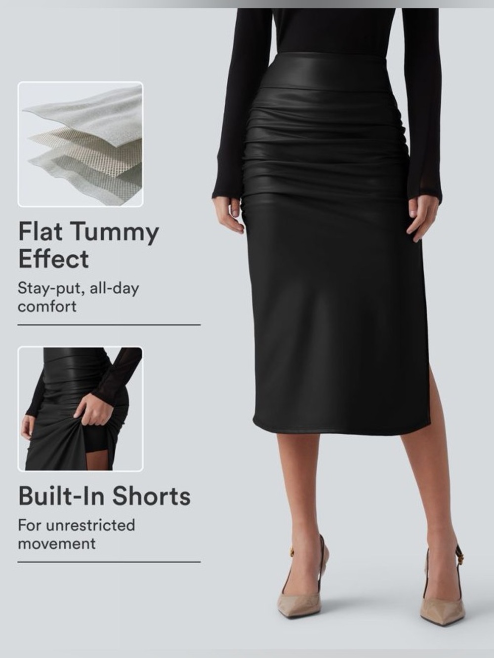 Halara Faux Leather High Waisted Tummy Control Ruched Midi Skirt Black - Picture 2 of 9